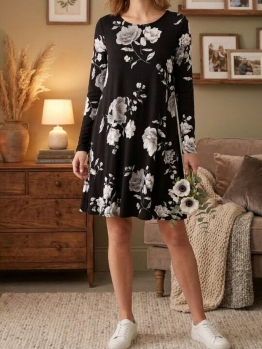 Old Navy Black Floral Midi Dress with Gray-White Blooms Size M NWT